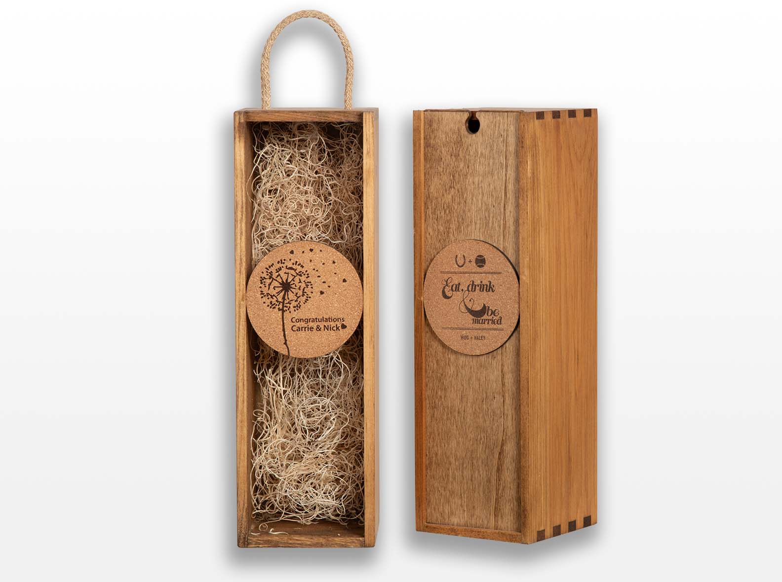 Custom wood wedding box with an acrylic and cork coaster lid.