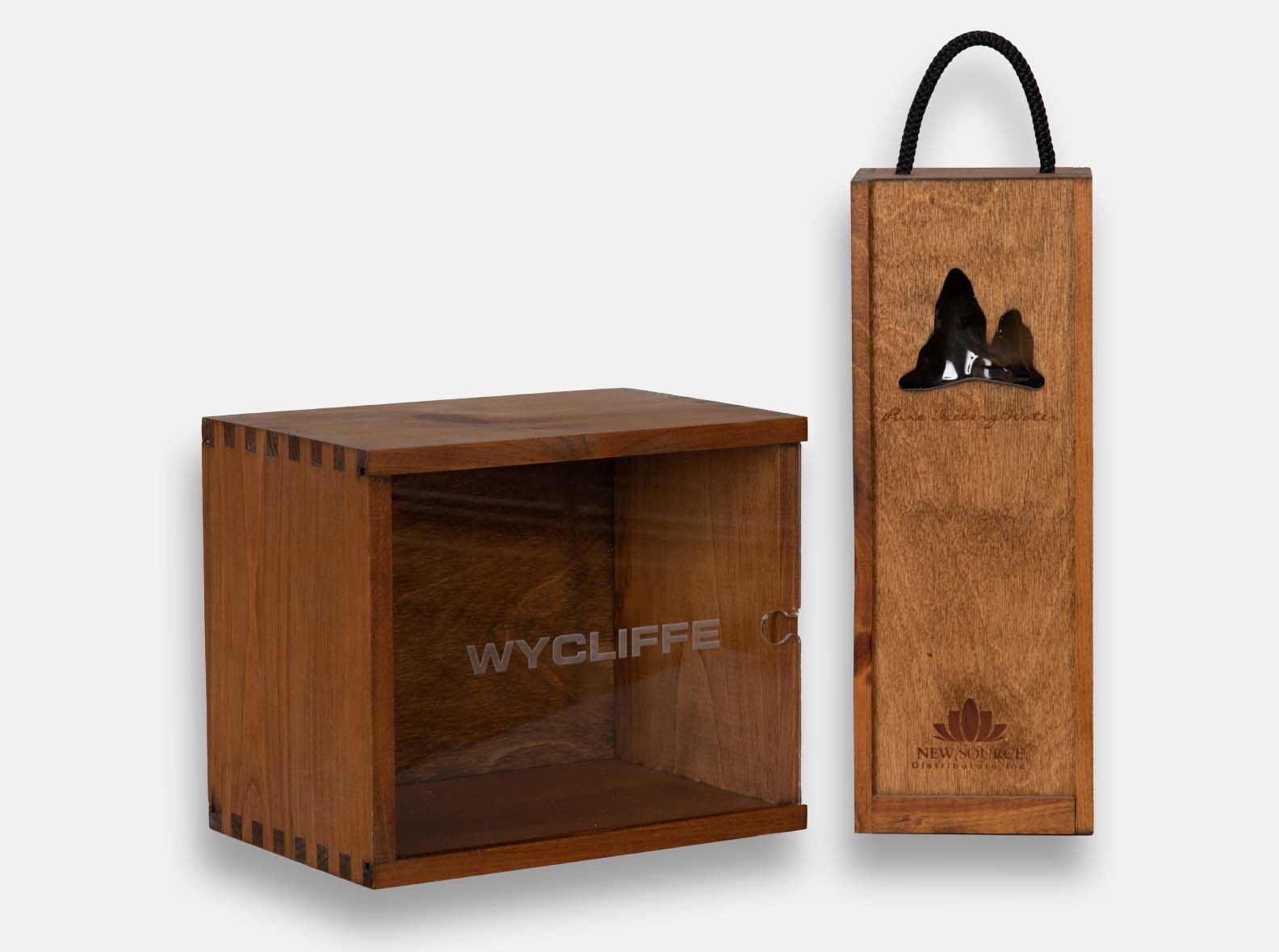 Custom wood presentation box with a hinged lid and fitted interior.